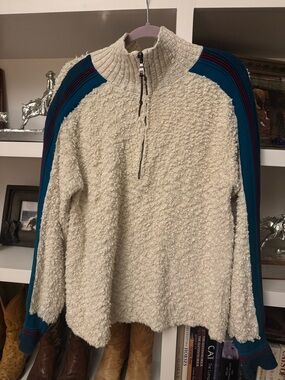 STS Ranchwear Cream Sherpa Zip Pullover with Teal and Navy Shoulder Stripes